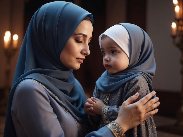 In the evening mother and daughter wearing hijab are praying