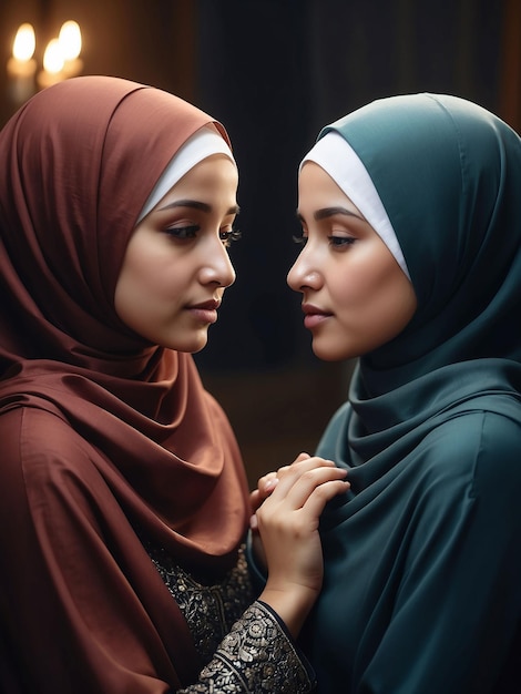 Вечером мать и дочь в хиджабе молятся.