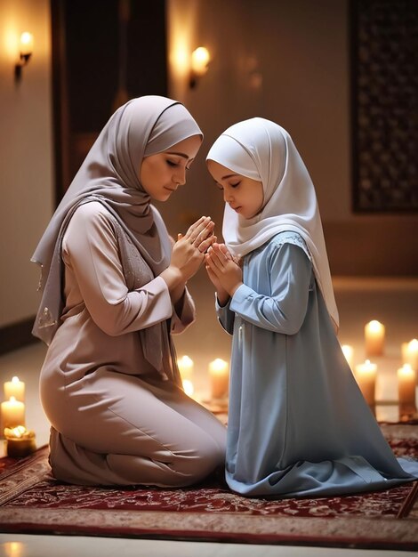 In the evening mother and daughter wearing hijab are praying