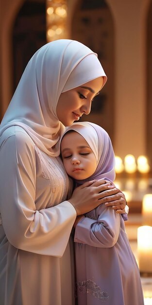 Photo in the evening mother and daughter wearing hijab are praying