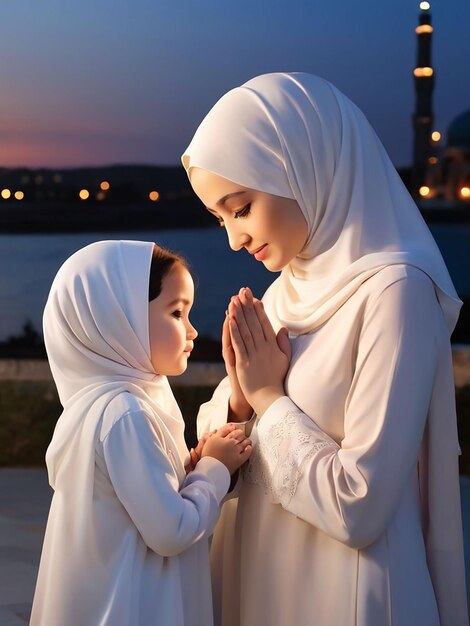 In the evening mother and daughter wearing hijab are praying