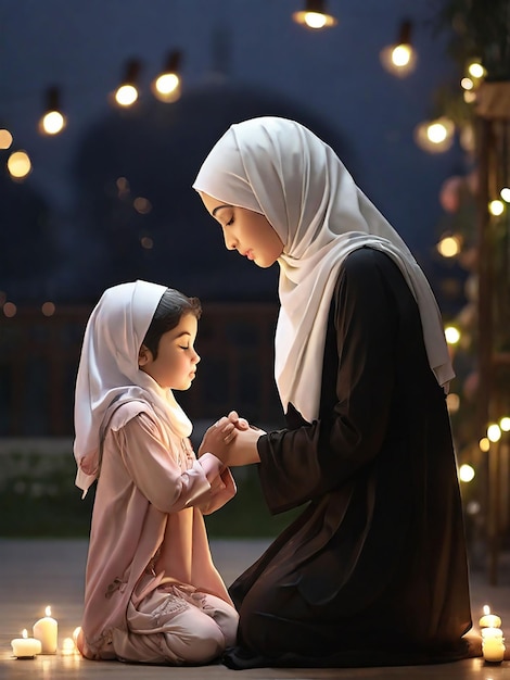 In the evening mother and daughter wearing hijab are praying