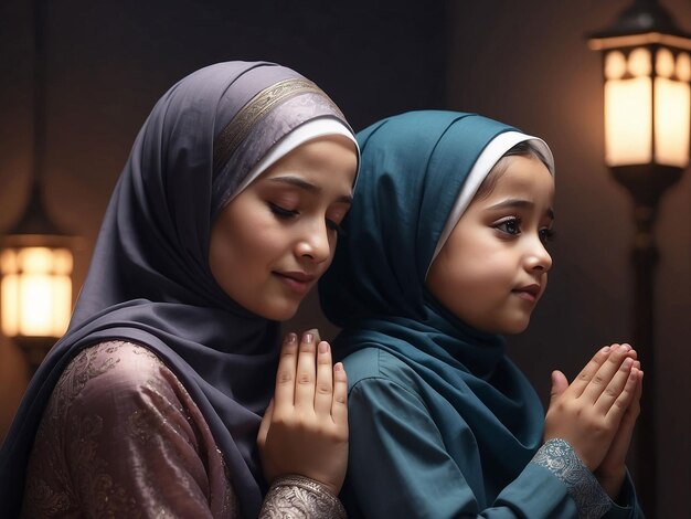 In the evening mother and daughter wearing hijab are praying