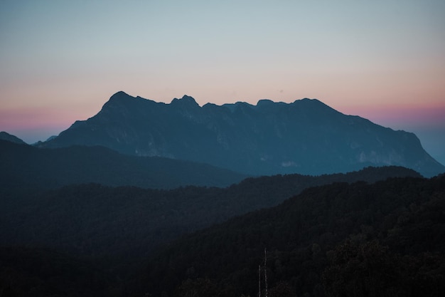 Evening mountain view sunset and purple twilight