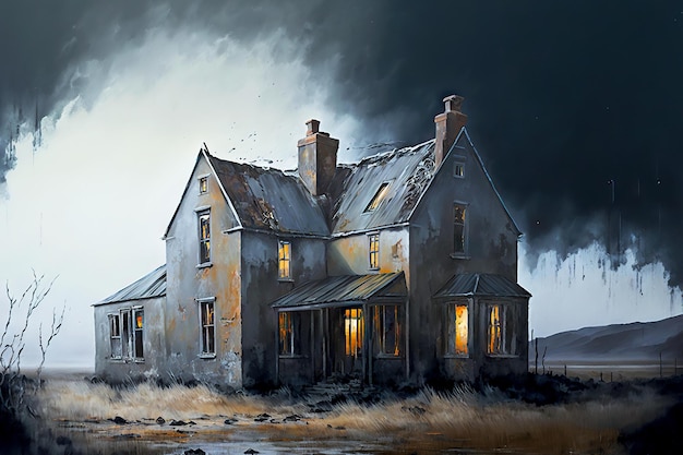 Evening painting with peeling abandoned house against gray sky