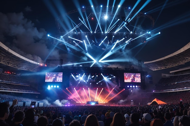 Photo an evening rock concert in front of a large audience at an openair stadium with a laser show