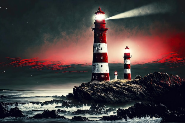 Evening seascape with lone red white lighthouses by sea