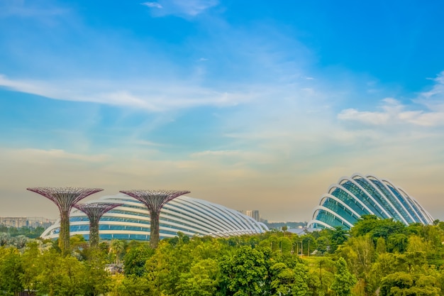 Evening Singapore. Garden By The Bay with superflowers and flower dome