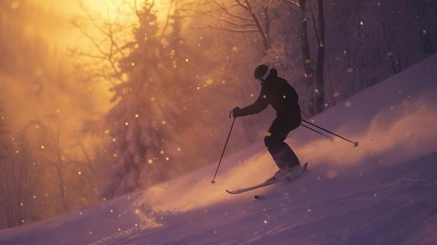 An evening ski scene with a skier gliding down the slopes at twilight The fading light casts a soft glow on the snow enhancing the serene and peaceful winter environment AI Generative