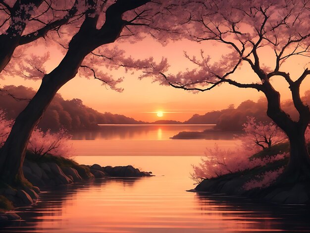 Evening sky sunset on mountain lake over water with trees in front AI Generated