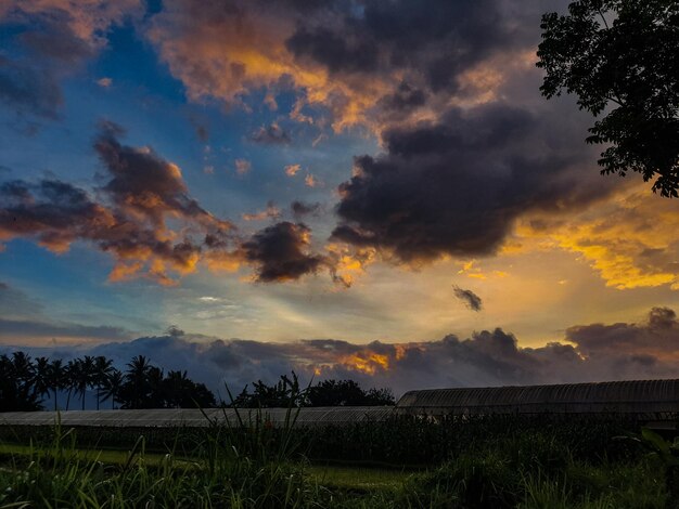 Evening sky with dramatic clouds over the farm and dramatic sunset over the farm