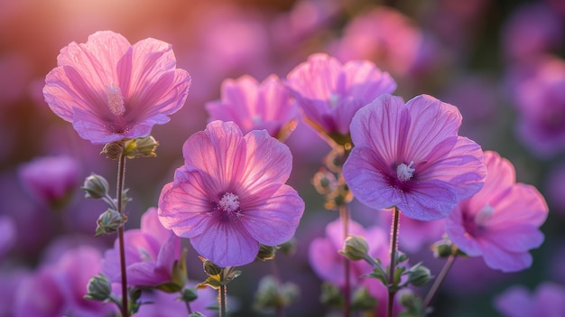 Photo in evening sunlight musk mallow malva moschata rosea flowers