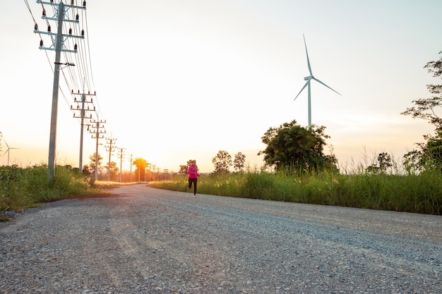 The evening sunset, the area of the wind turbine generates clean energy electricity