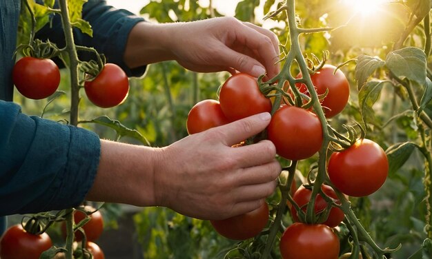 Evening sunset in the greenhouse Hands gardener picking red tomatoes