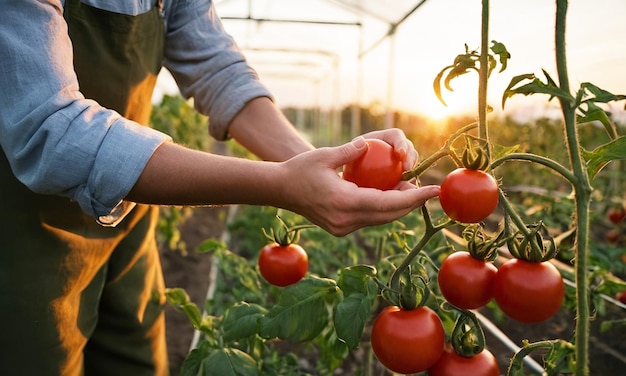 Evening sunset in the greenhouse Hands gardener picking red tomatoes