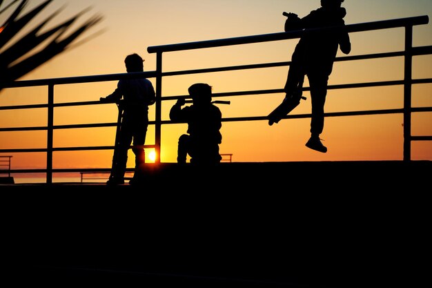 Evening sunset in the park for skaters and rollers. Silhouettes of skaters at sunset in the park