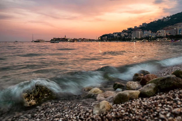 Evening sunset over town Budva in Montenegro