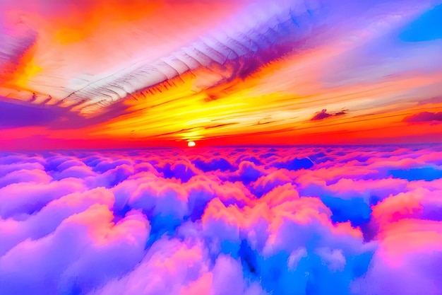 写真 赤い色合いの雲と夕日