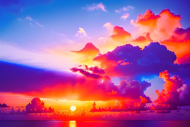 赤い色合いの雲と夕日