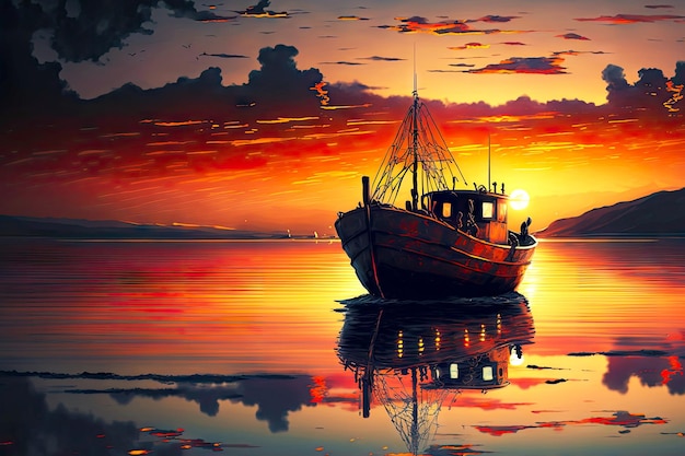 Evening sunset with fishing boat sailing on calm water