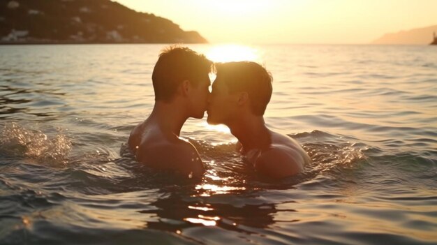 Foto una nuotata serale in mare per una coppia gay lgbt generative ai mostra due giovani che si baciano e si accoccolano