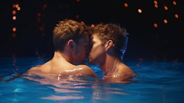 Вечернее плавание с гей-парой ЛГБТ Двое молодых людей целуются и обнимаются Генеративный ИИ