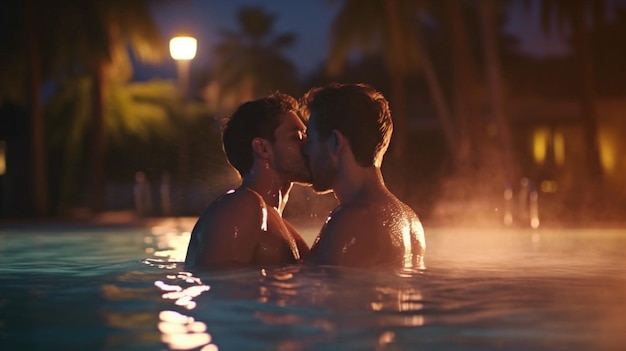 An evening swim with a gay couple LGBT Two young men kissing and hugging one another The Generative AI