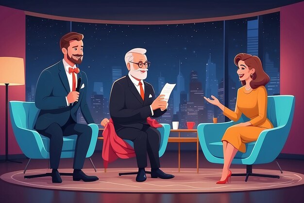 Photo evening talk show flat color vector illustration chat show host and famous guest 2d cartoon characters with studio on background