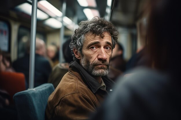 Evening trip by city bus Tired Caucasian man taking a tram to home after work Passengers commuting in bus Public bus ride