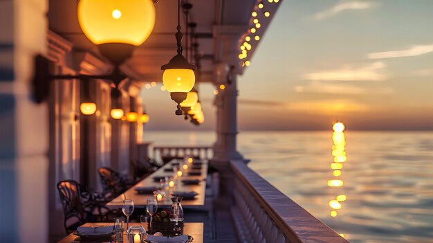 Photo evening unfurls over a tranquil beach where the distant horizon blends with the sea setting the stage for a night of enchantment