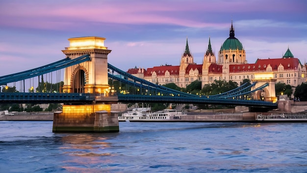 Photo evening view at the famous szechenyi chain bridge in budapest hungary