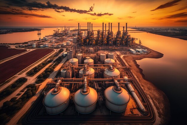 Evening view from aerial drone at oil products storage of refinery complex created with generative a