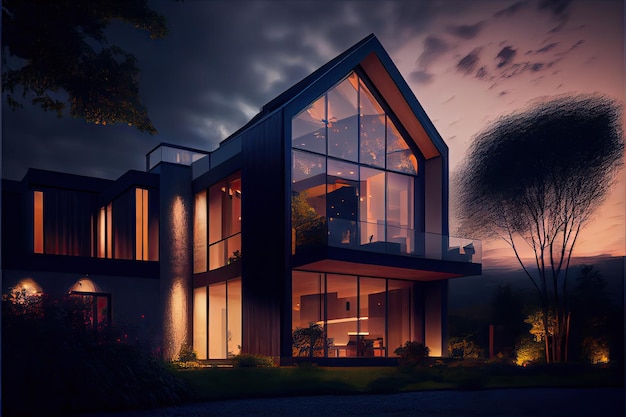 Evening view of a luxurious modern house