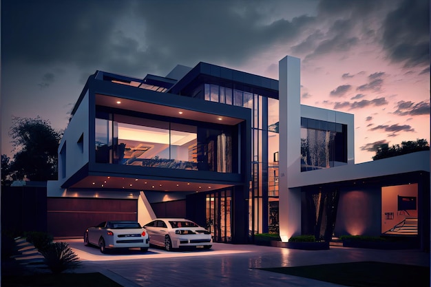 Evening view of a luxurious modern house