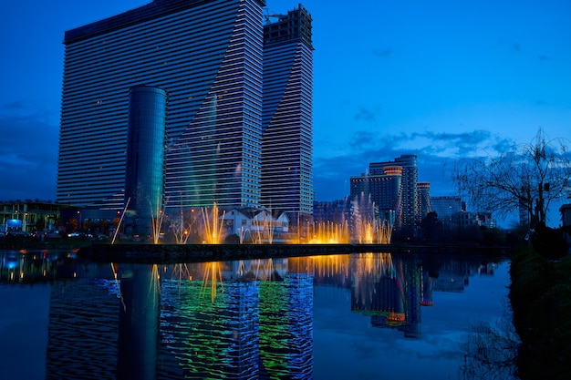 Evening view of the modern hotel complex Orbi City in the city of Batumi