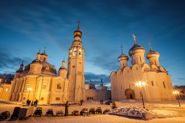 Evening view of the Vologda Kremlin on a winter evening.