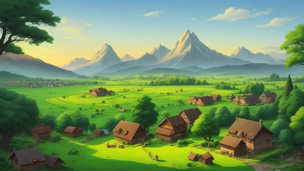 Evening village scene landscape cartoon background trees and mountains