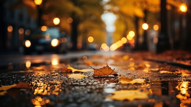 夕方、水たまりのある濡れた通りのアスファルト、ぼやけた街、カラフルなネオンの光、秋の葉、人々