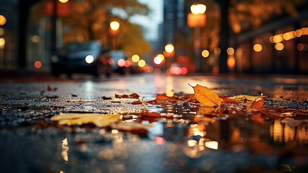 evening wet street asphalt with puddle blurred city colorful neon lightautumn leaves people