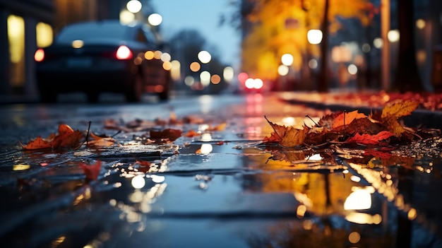 evening wet street asphalt with puddle blurred city colorful neon lightautumn leaves people