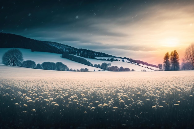 Вечерняя зимняя природа на заднем плане красивый луг цветы одуванчика в поле и снегопад