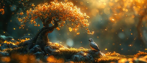 In the evening with moonlight a fantasy Bonsai Carmona tree with a sitting Gray Parrot bird in the magical elf forest golden flowers blooming in a fairytale garden and the fairytale glade in the