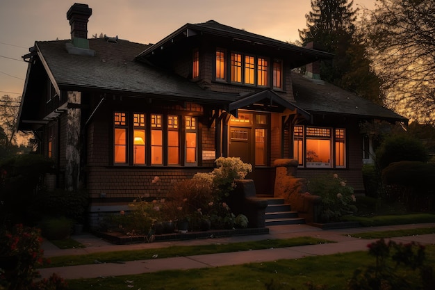 Evening with warm lights shining through windows of craftsman house