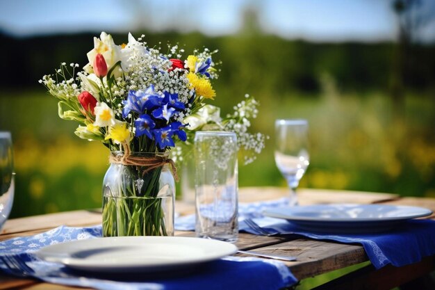 Event decoratie buiten zomertijd bloemen kaarsen blauwe servetten houten tafels