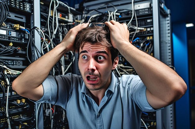 Photo event of a system failure in the network server room and engineer put his hands on his head