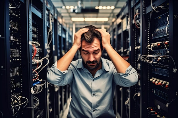 Photo event of a system failure in the network server room and engineer put his hands on his head