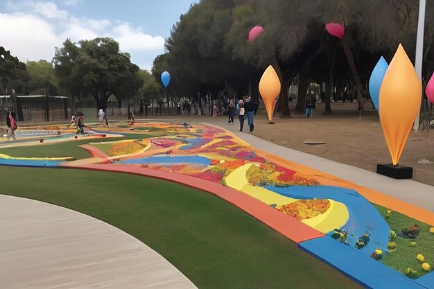 Photo evento conmemorativo sobre el autismo en un parque lleno de decoraciones con los colores