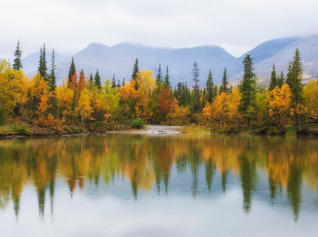 Evenwicht op een herfstmeer in de noordelijke bergen met een kleurrijk en veelkleurig bos in de regen