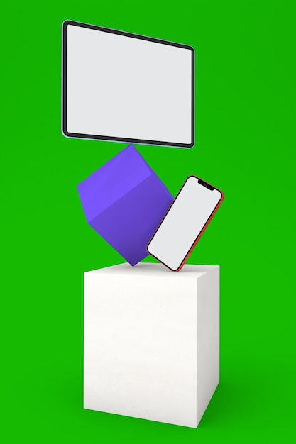 Evenwichtige telefoon en tablet linkerkant op groene achtergrond