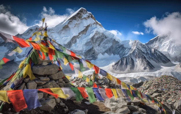 Everest and Nuptse with buddhist prayer flags from kala patthar in Sagarmatha Napel Generative AI